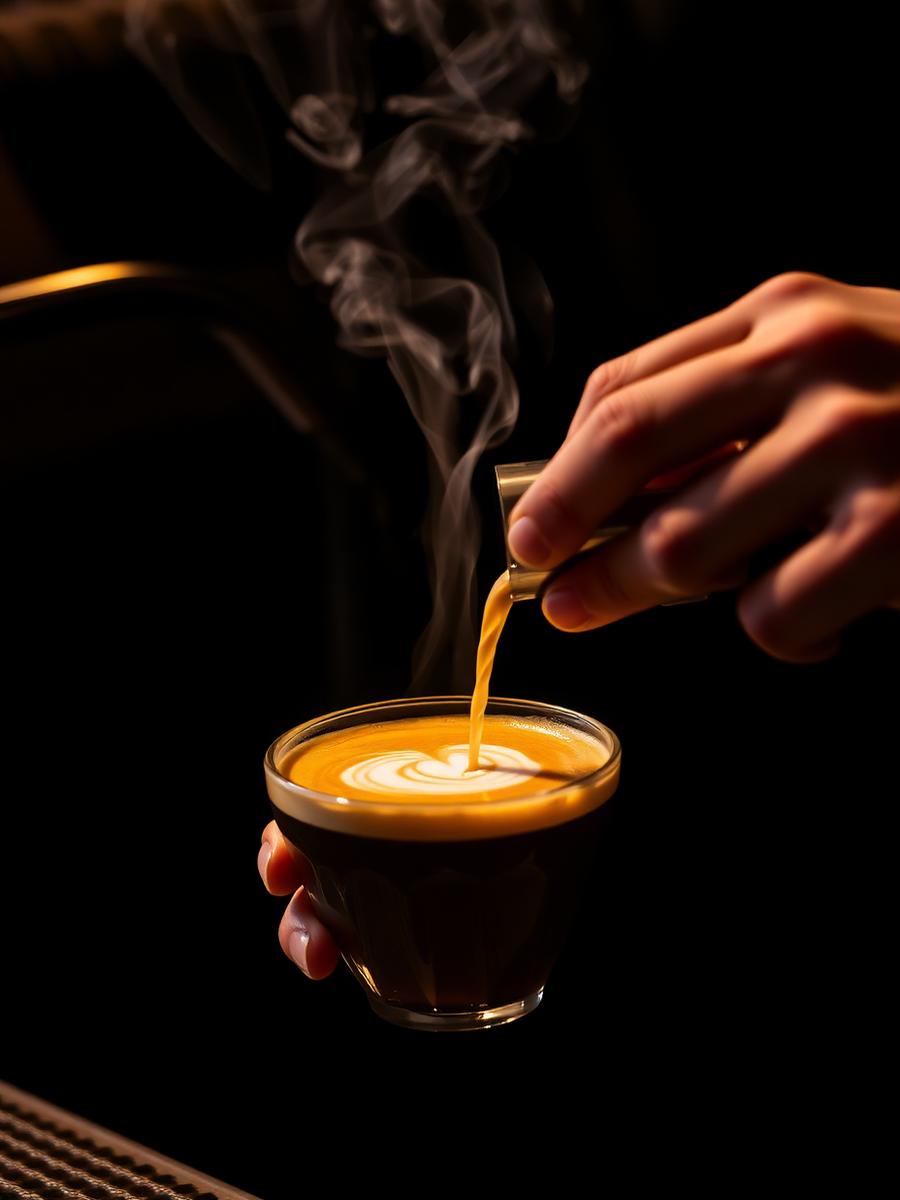Barista pouring latte art into a glass cup with steam rising