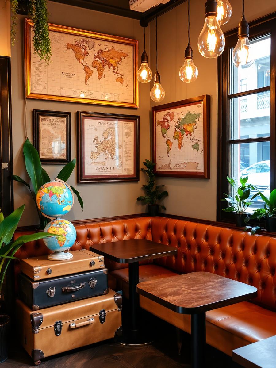 Travel-themed seating corner with globes, vintage suitcases and framed world maps