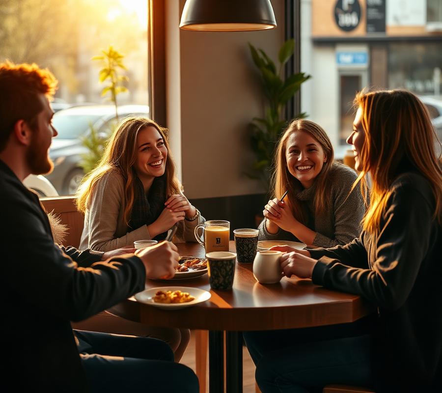 Friends laughing over coffee at a sunlit cafe table