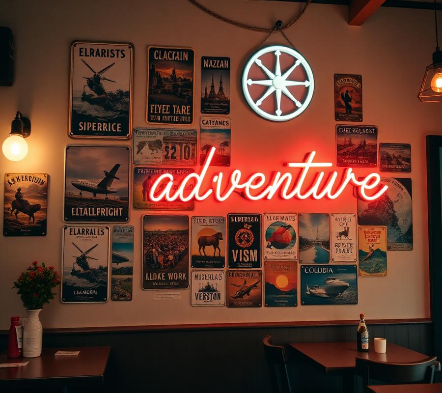 Cafe wall of vintage travel posters with a neon adventure sign
