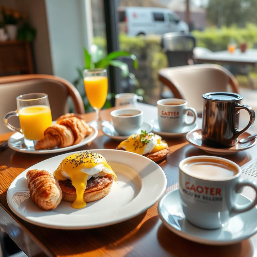 Breakfast spread with eggs, croissants, juice and coffee in morning light