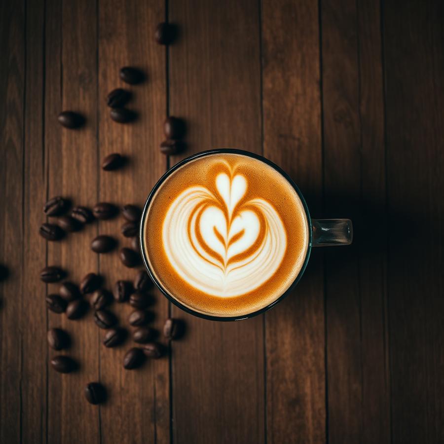 Cappuccino with rosetta latte art on a wooden table surrounded by coffee beans