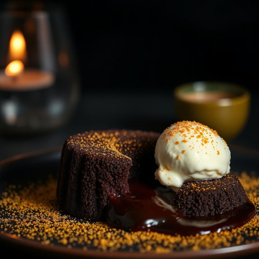 Molten chocolate lava cake with a scoop of vanilla ice cream