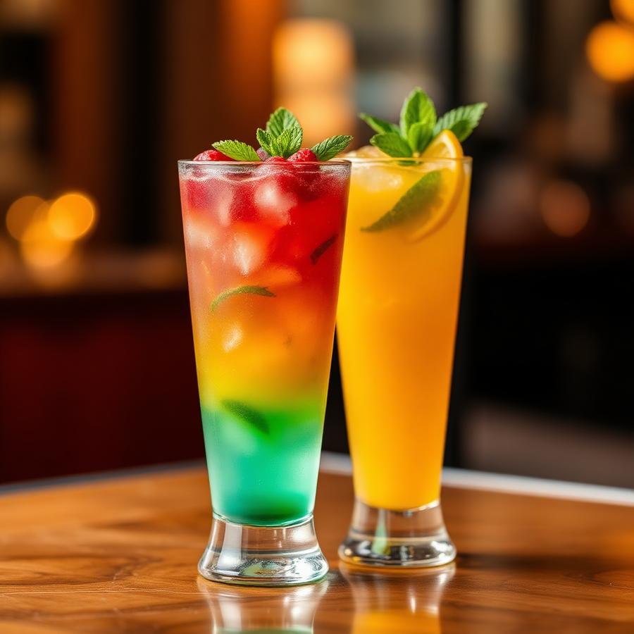 Two colourful layered mocktails garnished with mint and citrus
