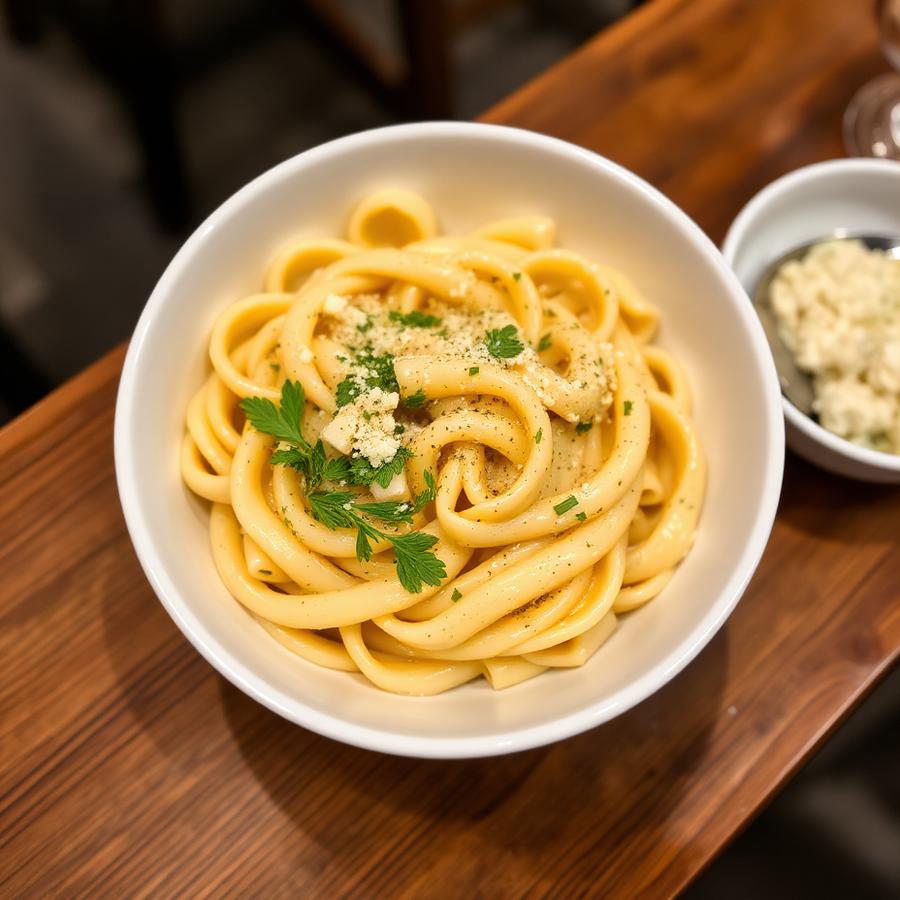 Bowl of creamy penne pasta topped with parmesan and herbs