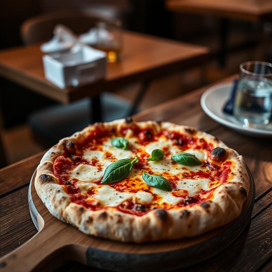 Wood-fired margherita pizza with basil on a wooden board