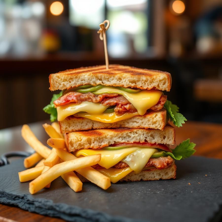 Grilled club sandwich stacked with cheese served with fries