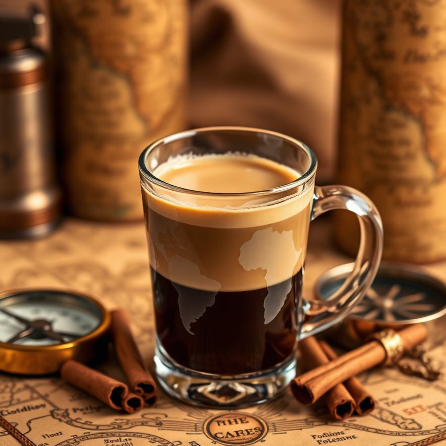Signature travel-themed coffee served in a globe-etched glass with cinnamon